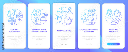 New skills you can learn blue gradient onboarding mobile app screen. Walkthrough 5 steps graphic instructions pages with linear concepts. UI, UX, GUI template. Myriad Pro-Bold, Regular fonts used