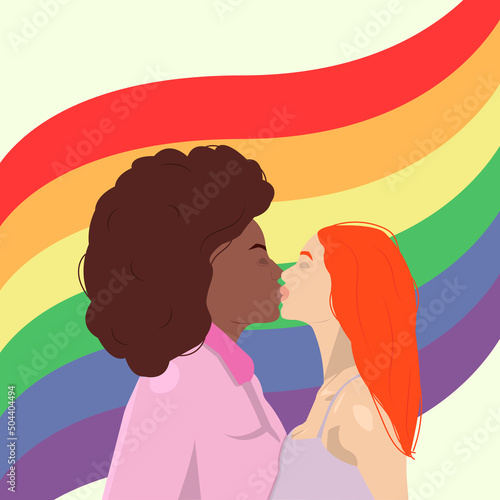 Poster for pride month with lesbian couple and lgbt flag (rainbow) on background	
