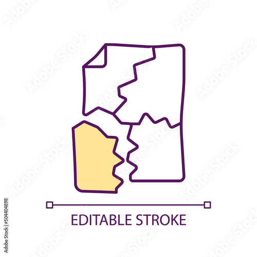 Paper torn into pieces RGB color icon. Teared sheet of black paper. Creative crisis and desperation. Isolated vector illustration. Simple filled line drawing. Editable stroke. Arial font used