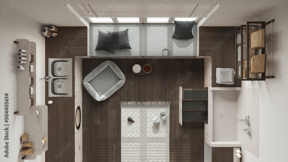 Pet friendly modern dark wooden laundry room, mudroom with cabinets and equipment. Dog shower bath with ladder, dog bed and carpet. Top view, plan, above. Interior design concept idea Pet friendly modern dark wooden laundry room, mudroom with cabinets and equipment. Dog shower bath with ladder, dog bed and carpet. Top view, plan, above. Interior design concept idea