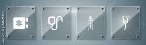 Set Crutch or crutches, Medical thermometer, IV bag and Emergency - Star of Life. Square glass panels. Vector