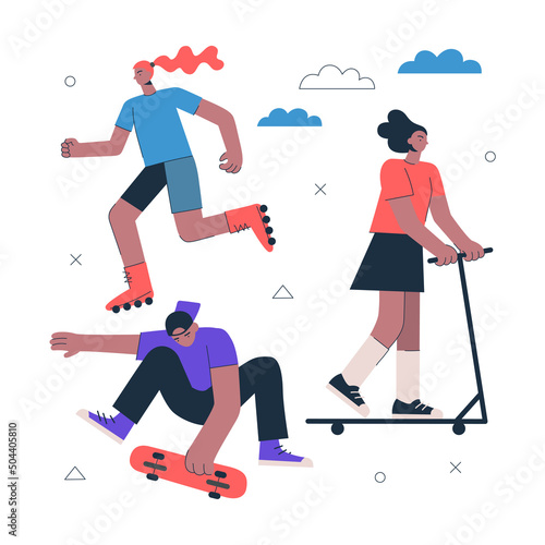 Young people active lifestyle extreme sport set. Girls roller skating and riding kick scooter. Guy skateboard trick. Hipster active lifestyle. Skateboarding and scootering. Rollerblading vector eps