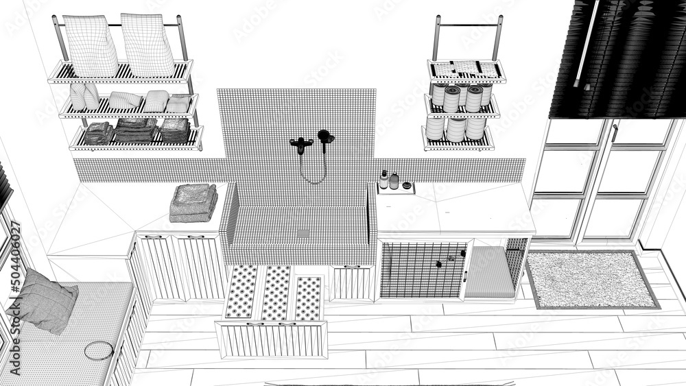 Blueprint project draft, pet friendly scandinavian mudroom, laundry room, space with dog shower bath with ladder, dog bed with gate, window, pillows. Top view, above. Interior design Blueprint project draft, pet friendly scandinavian mudroom, laundry room, space with dog shower bath with ladder, dog bed with gate, window, pillows. Top view, above. Interior design