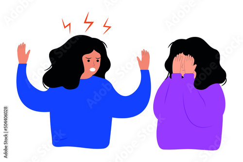 Vector characters. An angry girl screams at her friend, who covers her face with her hands in fear. Friendly misunderstanding, quarrel. Colored flat illustration.