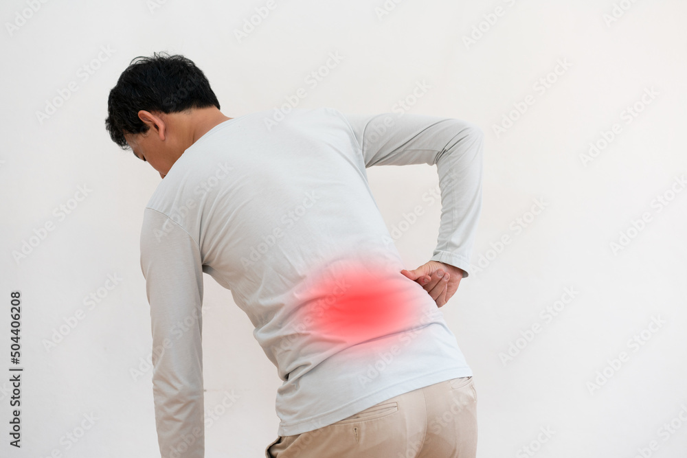 Back pain, man suffering from backache highlighted in red area , isolate white background Back pain, man suffering from backache highlighted in red area , isolate white background
