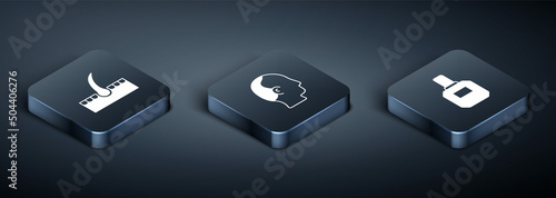 Set Isometric Human hair follicle, Aftershave and Baldness icon. Vector