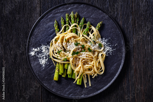 roasted asparagus with pasta, cheese on plate