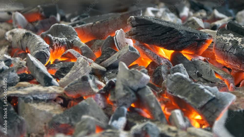 Close up of glowing charcoal with embers and heat during barbeque - prores 422 Close up of glowing charcoal with embers and heat during barbeque - prores 422