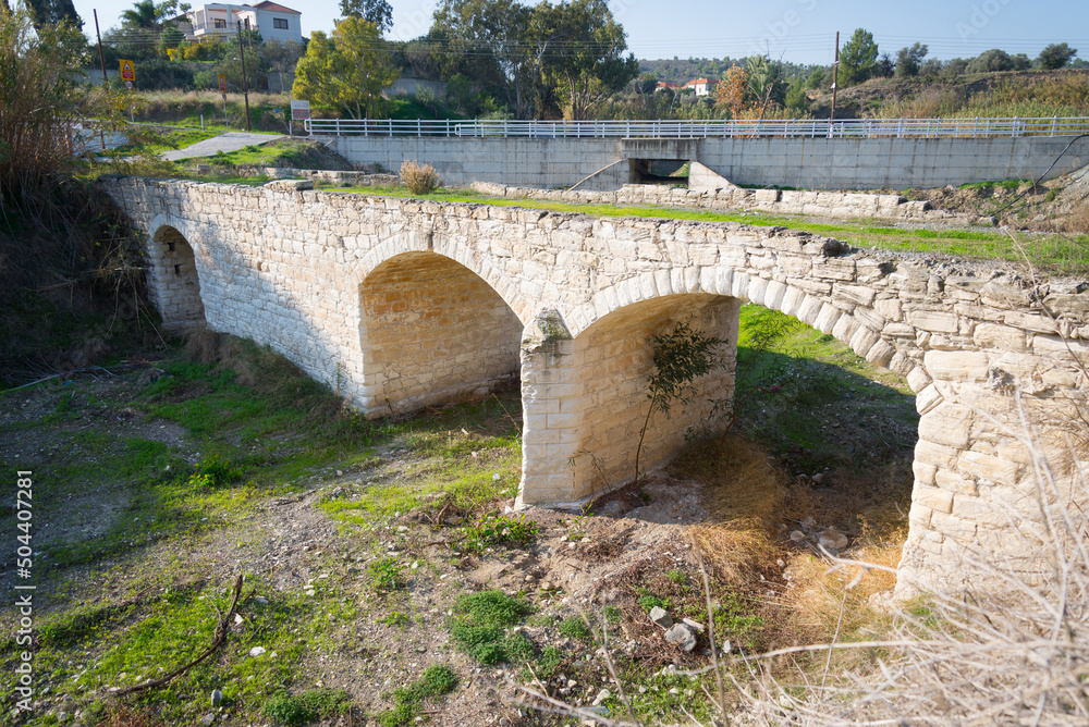 Medieval Venetian Stone Bridge in Cyprus, Juxtaposed with Modern Roadway Bridge