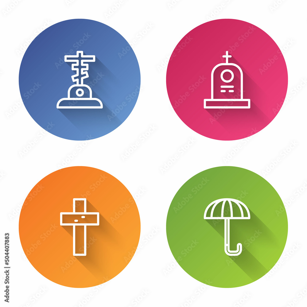 Set line Grave with cross, tombstone, Christian and Umbrella. Color circle button. Vector Set line Grave with cross, tombstone, Christian and Umbrella. Color circle button. Vector
