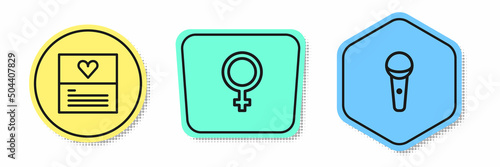 Set line Greeting card, Female gender symbol and Microphone. Colored shapes. Vector