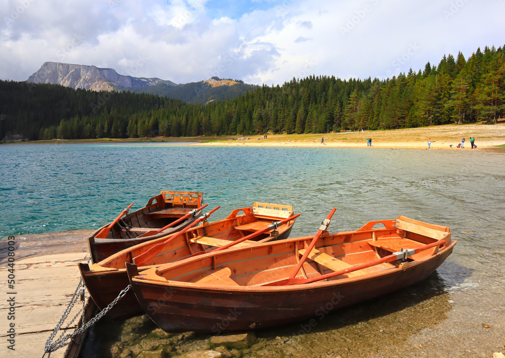Boats on Black Lake in Durmitor National Park in Montenegro	
