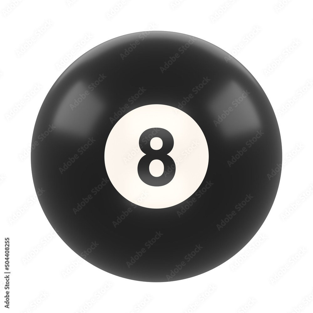 Billiard ball number eight black color isolated on white background. Realistic glossy snooker ball. 3D rendering 3D illustration Billiard ball number eight black color isolated on white background. Realistic glossy snooker ball. 3D rendering 3D illustration