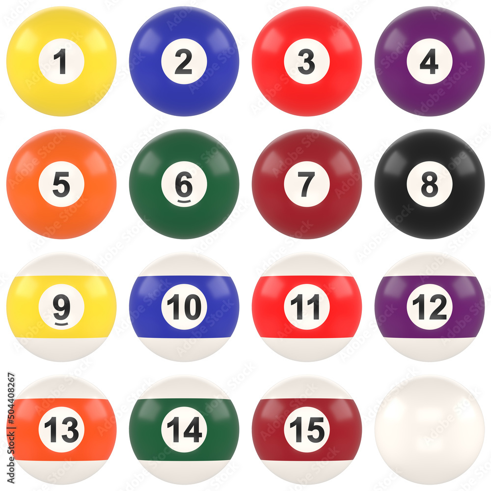 Pool balls with numbers collection isolated on white background. Realistic glossy snooker ball. Billiard ball set. Solids and stripes. Recreational sport. 3D rendering 3D illustration Pool balls with numbers collection isolated on white background. Realistic glossy snooker ball. Billiard ball set. Solids and stripes. Recreational sport. 3D rendering 3D illustration