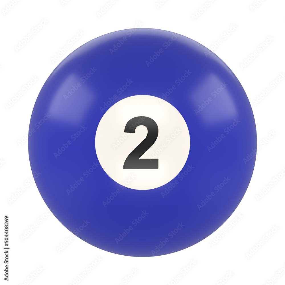 Billiard ball number two blue color isolated on white background. Realistic glossy snooker ball. 3D rendering 3D illustration Billiard ball number two blue color isolated on white background. Realistic glossy snooker ball. 3D rendering 3D illustration