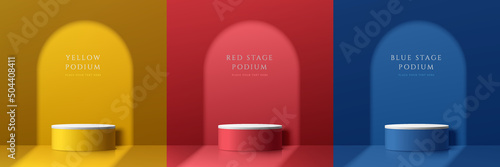 Set of abstract 3D room with yellow, dark blue and red realistic cylinder pedestal podium. Minimal scene with light and shadow. Stage showcase, Mockup product display. Vector rendering geometric forms