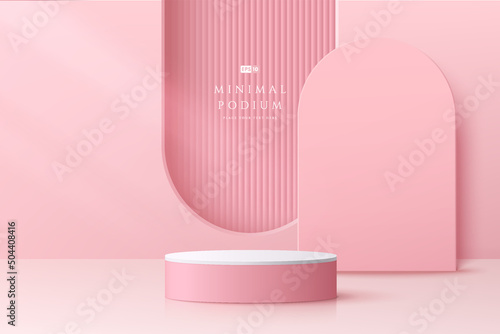 Abstract pink 3D room with realistic pink and white cylinder pedestal podium, Vertical texture in arch shape. Pastel minimal scene for mockup product display. Geometric forms design. Stage showcase.