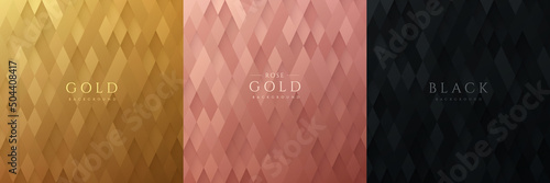 Set of golden, rose gold and black abstract rhombus shape pattern, Luxury 3D geometric pattern background. Can use for cover, artwork, print ad, poster, web banner. Simple and minimal. Vector EPS10.