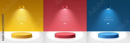 Set of yellow, dark blue and red realistic 3d cylinder pedestal podium in abstract rooms with hanging neon lamps. Vector rendering geometric forms. Minimal scene. Stage for showcase, Product display.