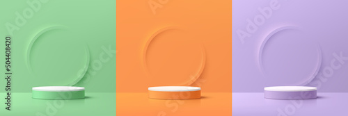 Set of green, orange, purple, white cylinder pedestal podium. Emboss ring shape with pastel color scene. Abstract vector rendering 3d shape. Cosmetic product display presentation. Minimal wall scene.
