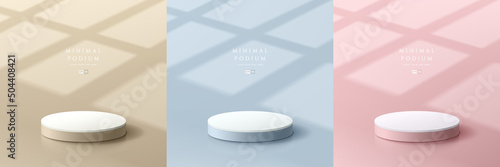 Set of realistic beige, blue and pink abstract 3D room with pedestal podium. Minimal scene with window lighting and shadow overlay. Vector rendering geometric forms. Stage showcase, Product display.