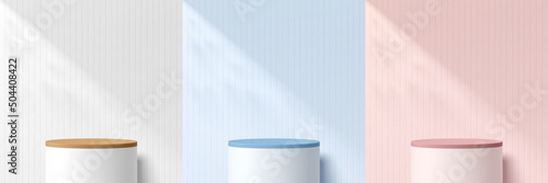 Set of abstract 3D white, pink, blue cylinder pedestal or stand podium with light and leaf shadow. Pastel minimal scene collection. Modern vector rendering geometric forms for mockup product display.