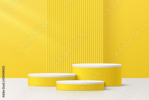 Abstract 3D yellow room with set of realistic white and yellow cylinder pedestal podium. Minimal vertical texture scene for mockup product display. Vector geometric forms design. Stage for showcase. photo