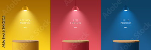 Set of yellow, dark blue, red and wood realistic 3d cylinder stand podium in abstract rooms with hanging neon lamps. Stage showcase, Product display. Vector rendering geometric forms. Minimal scene. photo