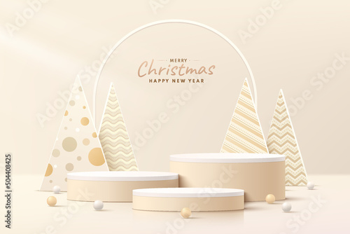Abstract realistic 3D light brown cylinder pedestal podium set with Luxury christmas tree and ball. Merry christmas and new year scene for mockup product display. Vector rendering form. stage showcase