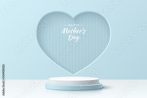 Abstract 3D room with realistic blue and white cylinder pedestal podium and heart shape scene. Minimal scene for mockup product display. Vector geometric forms. Stage showcase. Mother's day concept.
