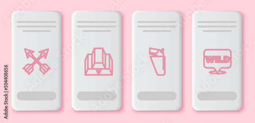 Set line Crossed arrows, Gold bars, Revolver gun in holster and Pointer to wild west. White rectangle button. Vector