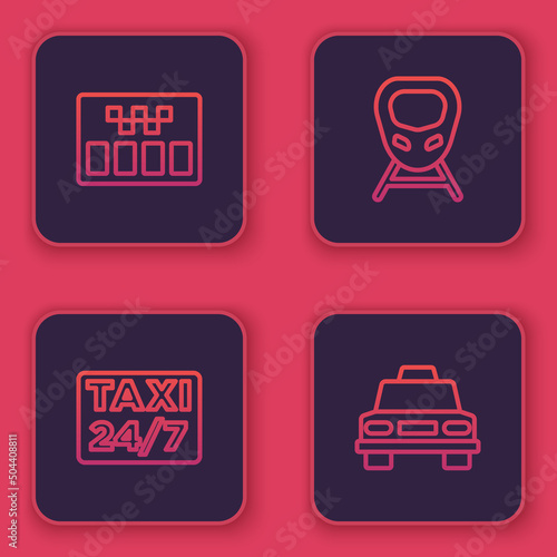 Set line Taximeter, Location with taxi, High-speed train and car. Blue square button. Vector