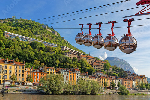GRENOBLE, FRANCE, May 10, 2022 : Inaugurated in 1934, La Bastille cable-car was the first urban cable-car, now transformed into 