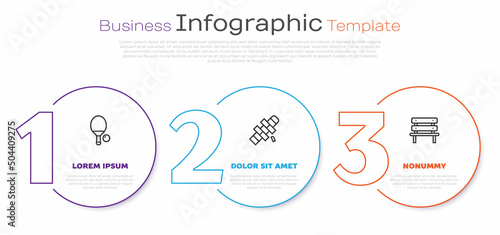 Set line Racket and ball, Hopscotch and Bench. Business infographic template. Vector