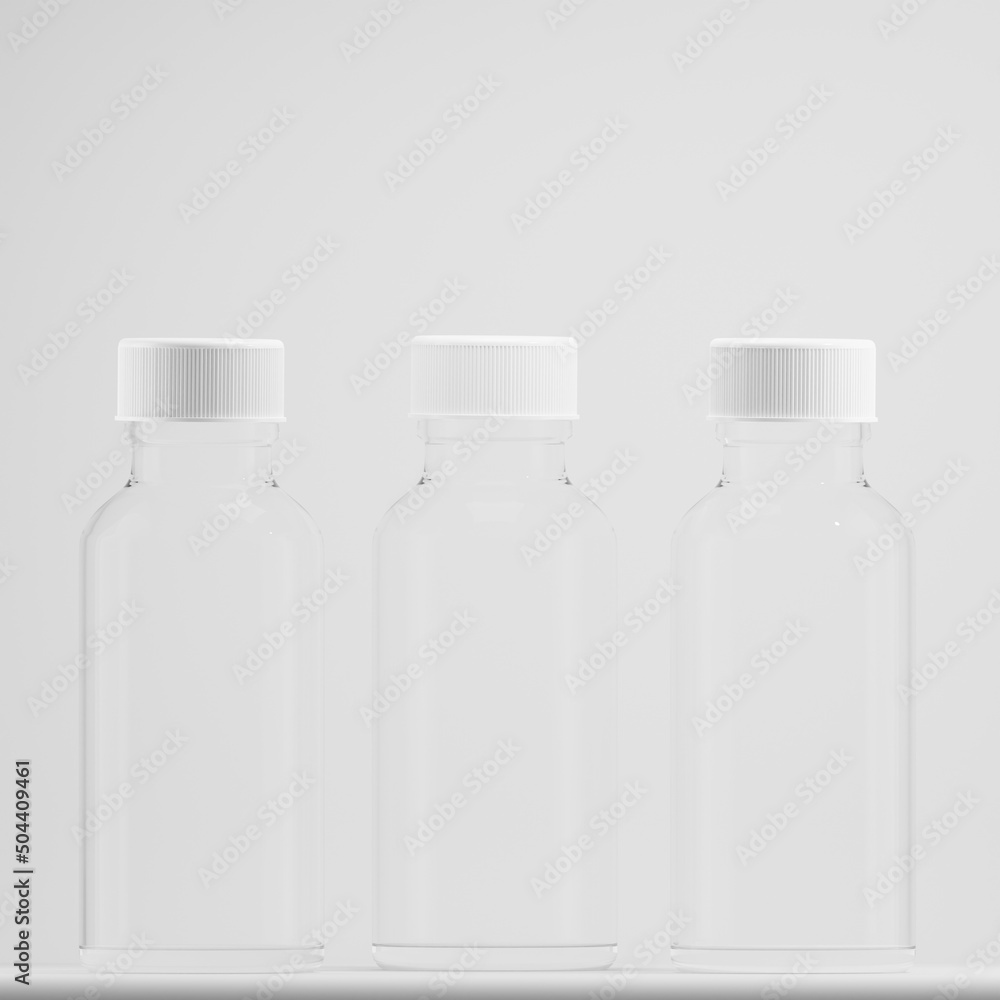 three glass bottle with white cap a front view 3d render three glass bottle with white cap a front view 3d render