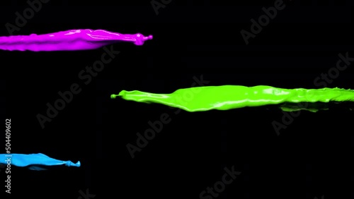 Pink, Green and Blue flows of paint. 3D animation of colorful liquids, transparent background ProRes 4444 with alpha channel in 4k UHD resolution version.