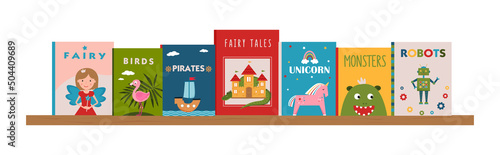 Bookshelf with children's books. Illustrated covers of books. Literature for kids. Children's reading. Colorful books covers. Front view of books. Banner for library, bookstore, fair, festival.