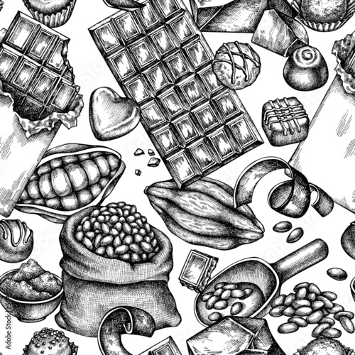 Seamless pattern with black and white cocoa beans, cocoa, chocolate, chocolate candies