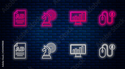 Set line Chess, Monitor with graph chart, Advertising and . Glowing neon icon on brick wall. Vector