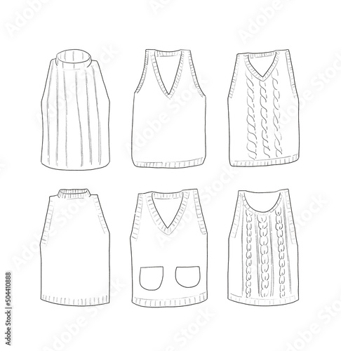 ニットベストの線画イラストセット