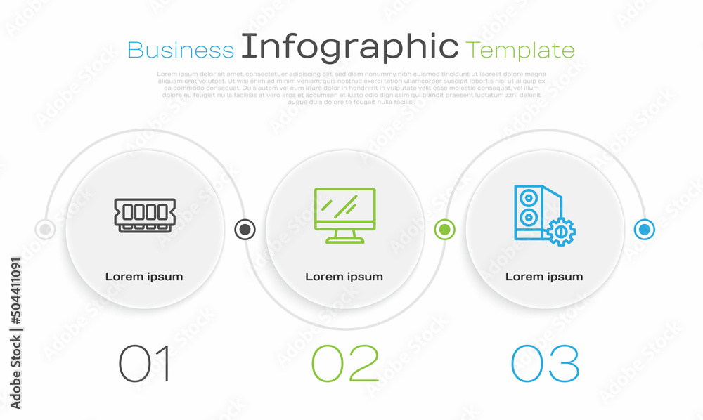 Set line RAM, random access memory, Computer monitor screen and Case of computer. Business infographic template. Vector Set line RAM, random access memory, Computer monitor screen and Case of computer. Business infographic template. Vector