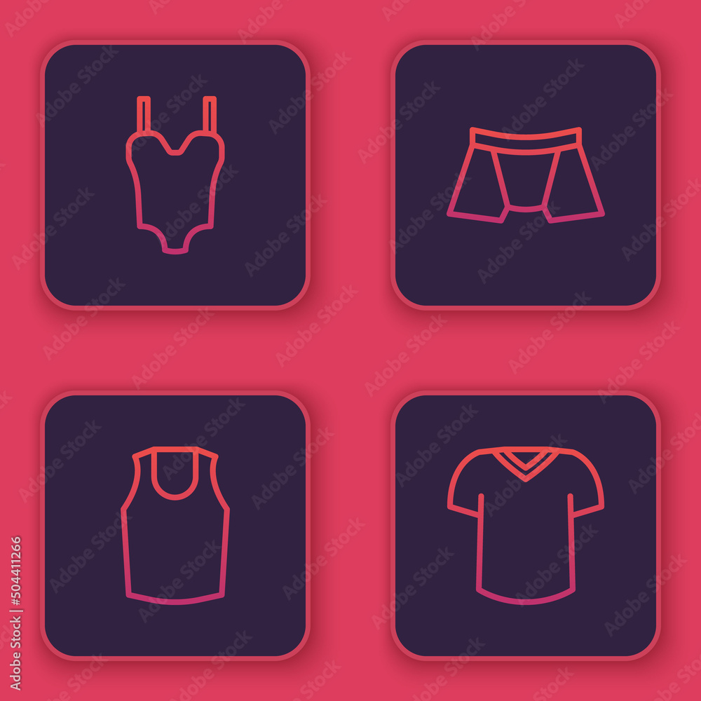 Set line Swimsuit, Undershirt, Men underpants and T-shirt. Blue square button. Vector Set line Swimsuit, Undershirt, Men underpants and T-shirt. Blue square button. Vector