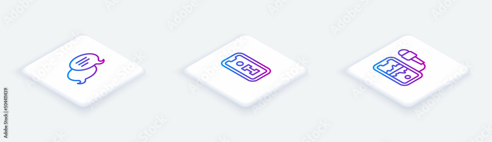 Set Isometric line Speech bubble chat, Information and Mobile recording. White square button. Vector Set Isometric line Speech bubble chat, Information and Mobile recording. White square button. Vector