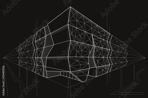 Linear architectural sketch public building perspective on black background