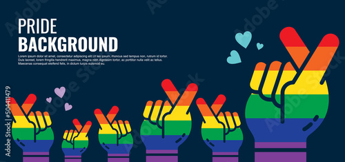 LGBT pride abstract background. Vector background with rainbow colors and love symbol hand. Vector Banner Template for Pride Month