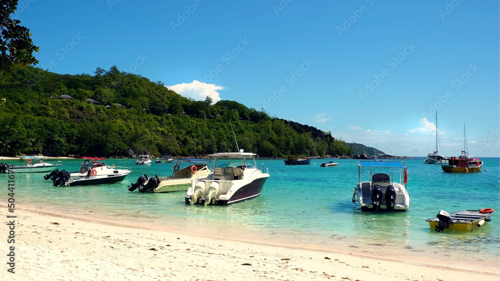 Panoramic view on Port Launau Beach with boats and yachts, Seychelles