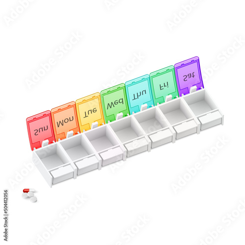 Illustration of Empty Plastic Pharmacy Organizer for Pills for Each Day of the Week. A Weekly Medicine Dispenser on White Background