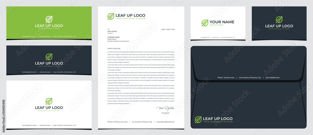 Leaf Up logo with stationery, business card and social media banner designs