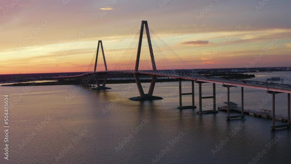 Drone Orbits Left Showing Cars Driving Across Cooper River Bridge in Charleston South Carolina Drone Orbits Left Showing Cars Driving Across Cooper River Bridge in Charleston South Carolina