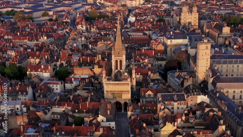 French Cathedral drone shot pull back reveal golden hour Stock HD 30p photo